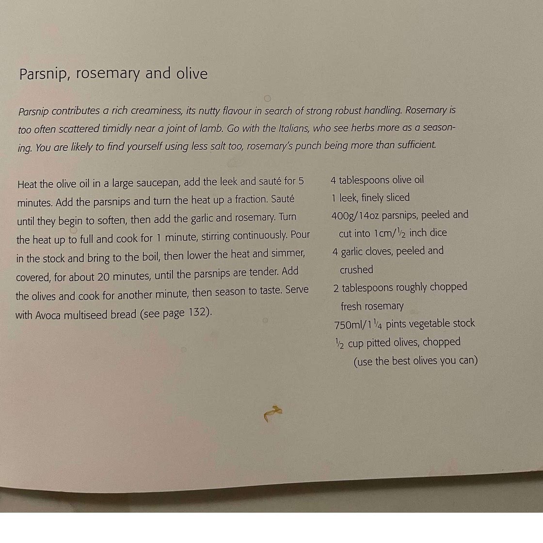 Parsnip rosemary and olive soup