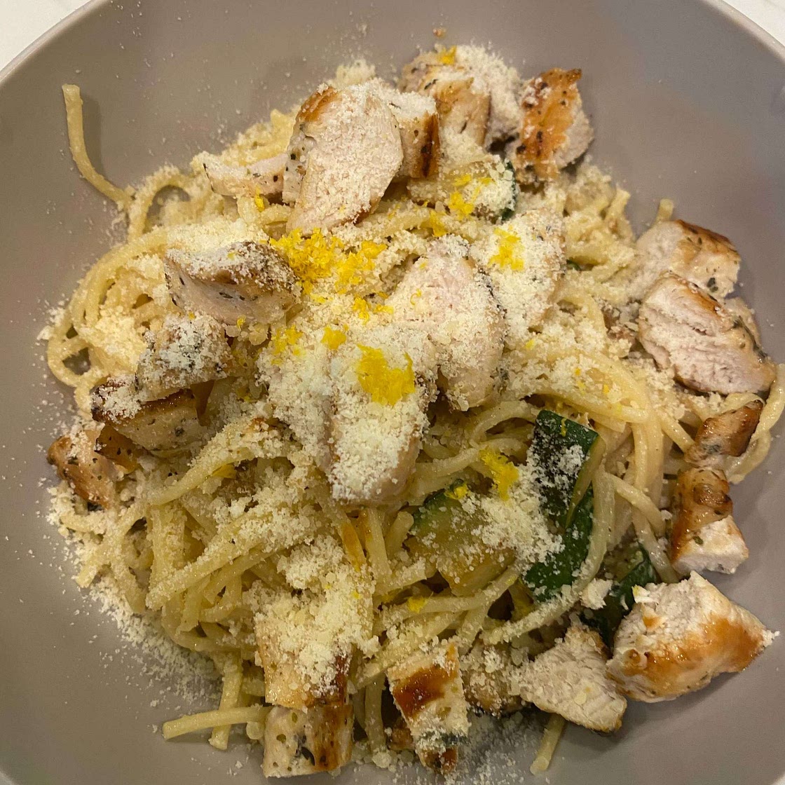 Italian Chicken over Lemony Spaghetti with Zucchini & Chili Flakes