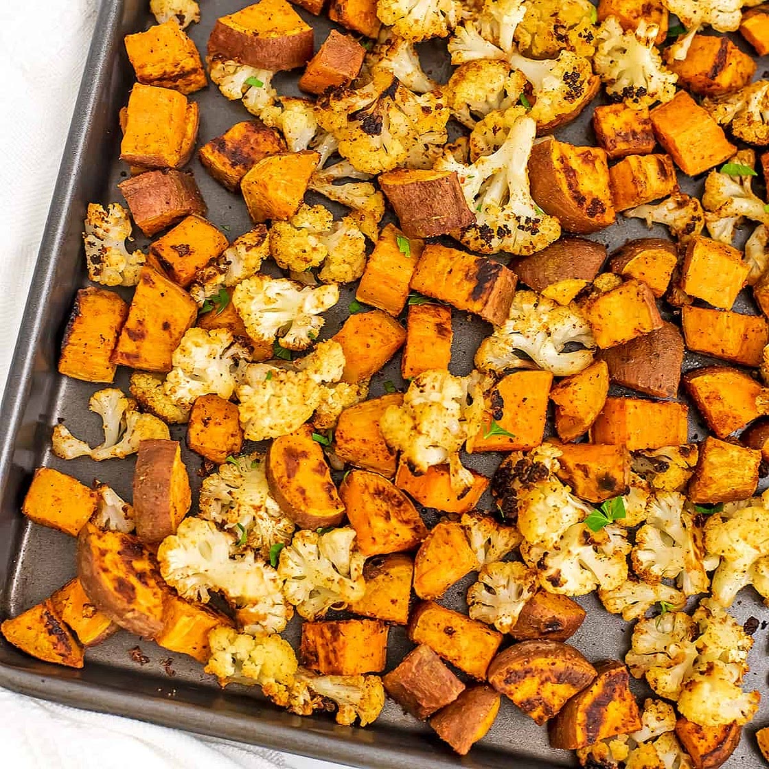 Cauliflower and Sweet Potato Tray Bake