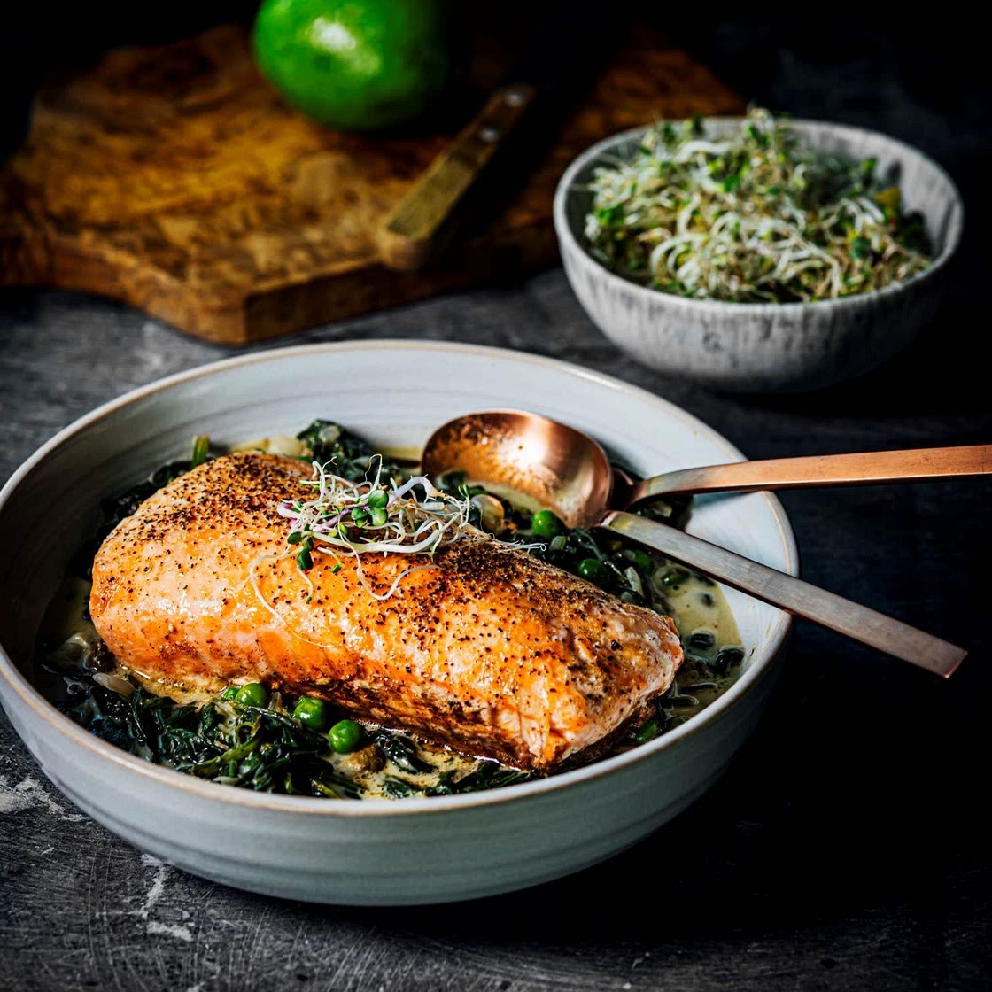 Crispy Salmon with Green Curry Spinach