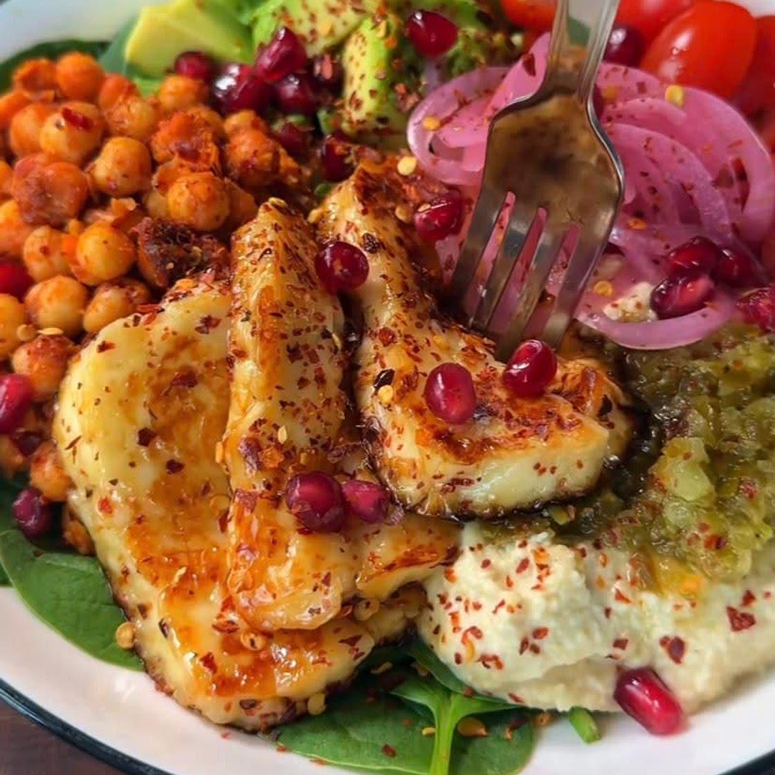 Sticky Halloumi, Harissa Chickpeas, and Jalapeño Hummus