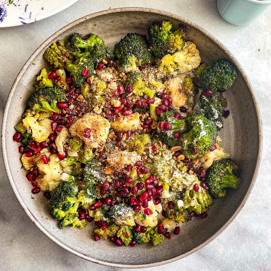 Charred Broccoli with Tahini, Pomegranate Seeds, and Dukkah