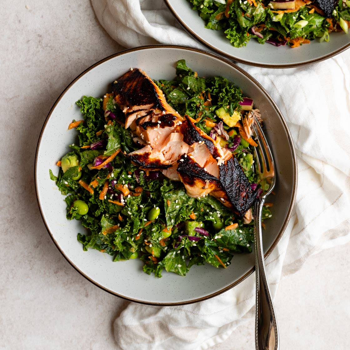 Chopped Kale & Salmon Salad with Sesame Ginger Miso Dressing