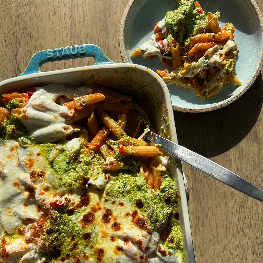 Holiday Pesto Baked Penne