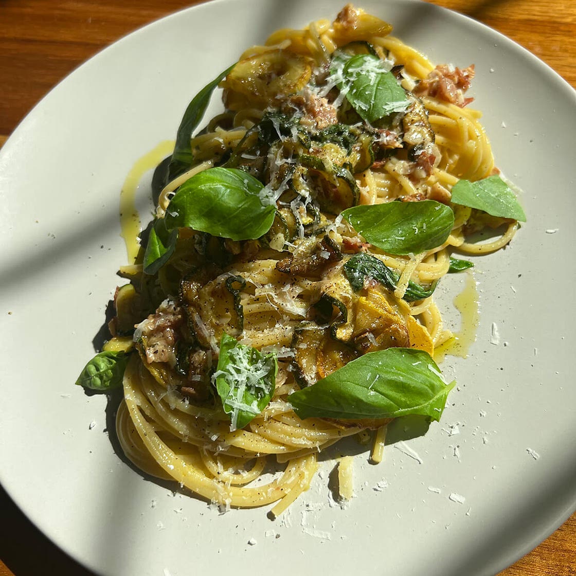 Spaghetti alla Nerano with Pancetta