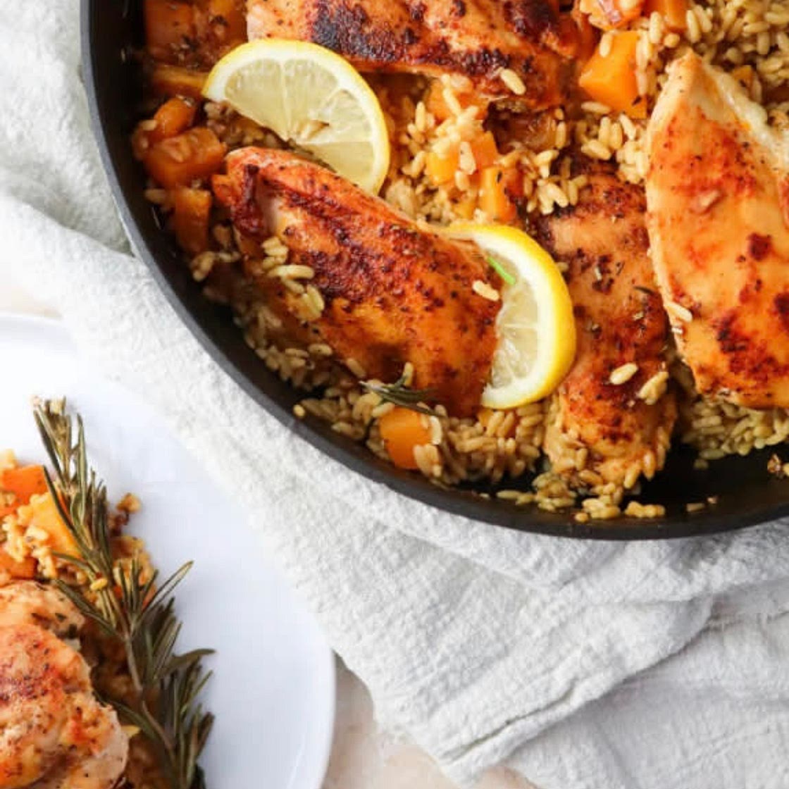 One pan butternut squash, chicken, rice  
