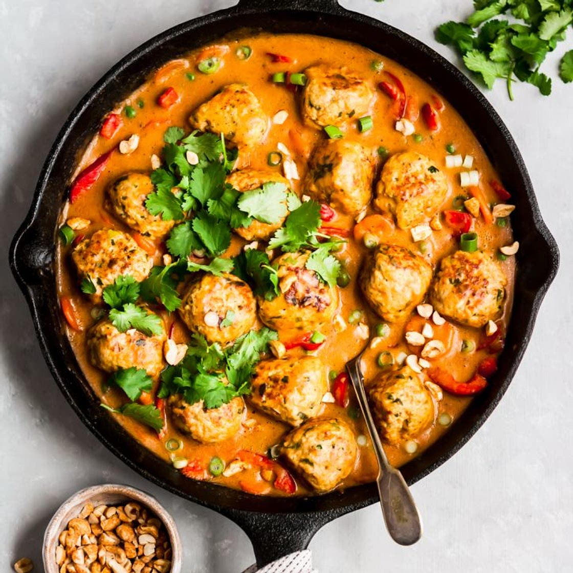 One Pan Ginger Chicken Meatballs with Peanut Sauce