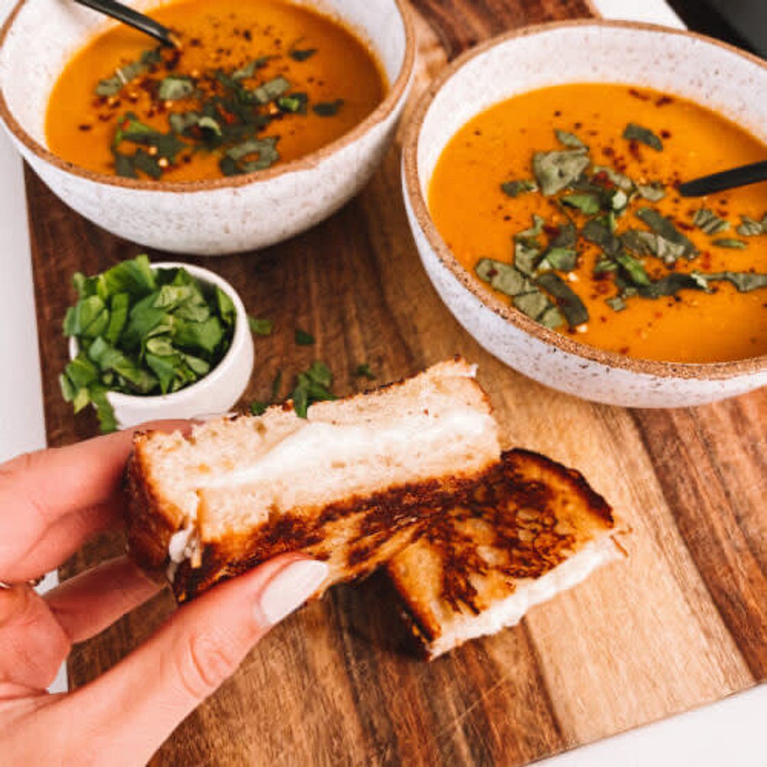 Tomato Basil Soup with Grilling Cheese Strips (Magnolia Table)
