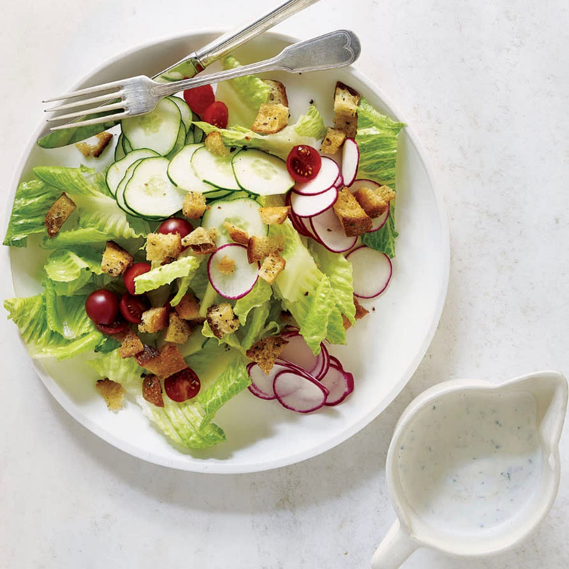 Romaine Salad with Buttermilk Ranch Dressing & Skillet Croutons