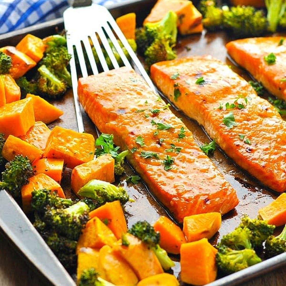 Salmon with Roasted Sweet Potatoes and Broccoli