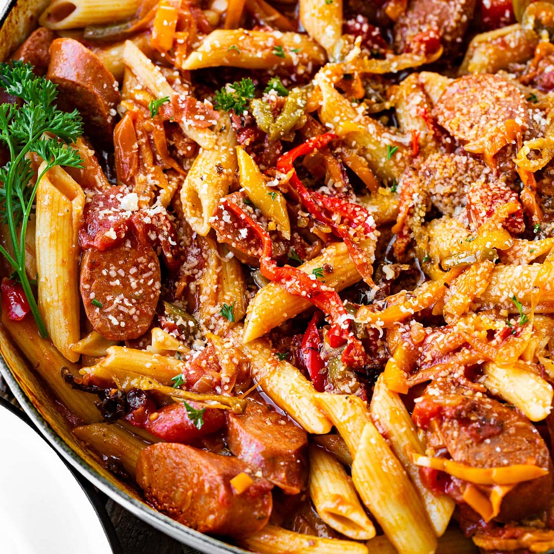 Skillet Italian Sausage and Peppers with Whole-Wheat Penne