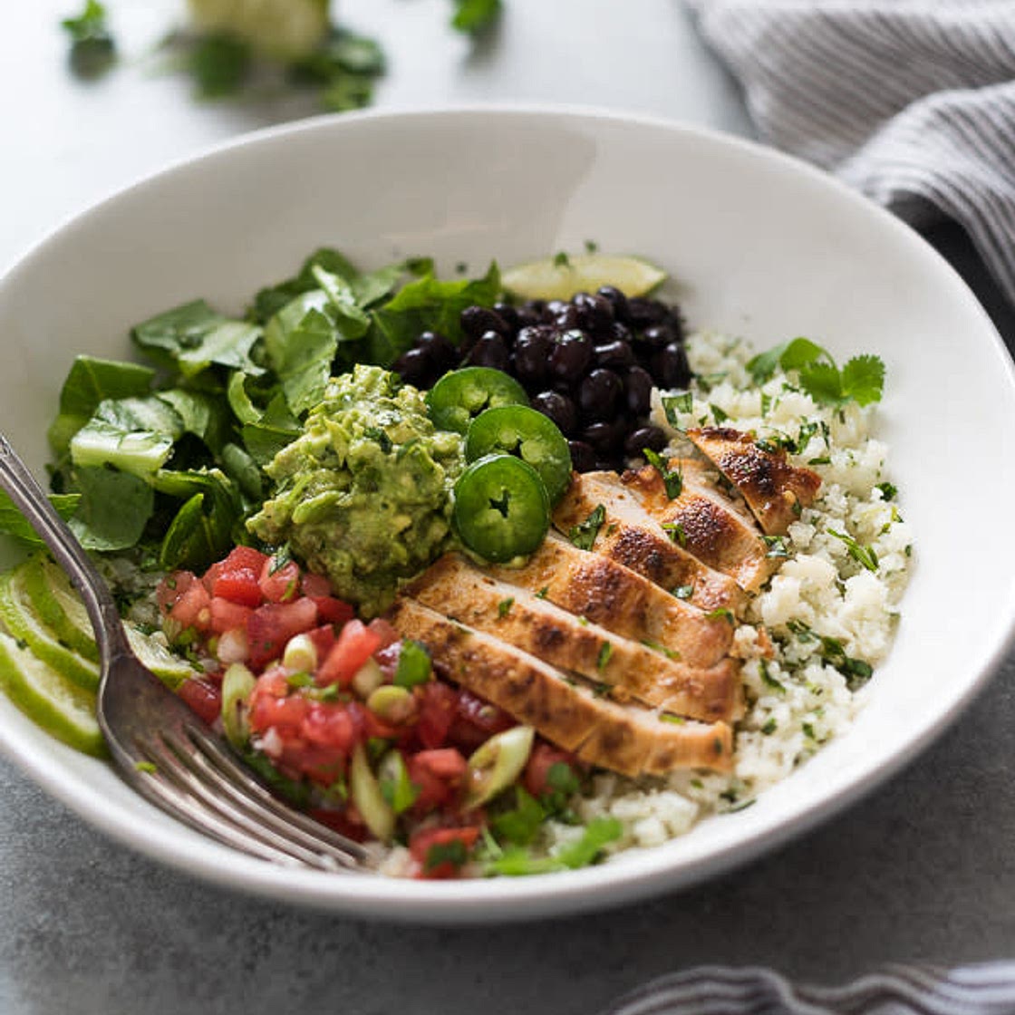Chicken Burrito Bowls with Cauliflower Rice
