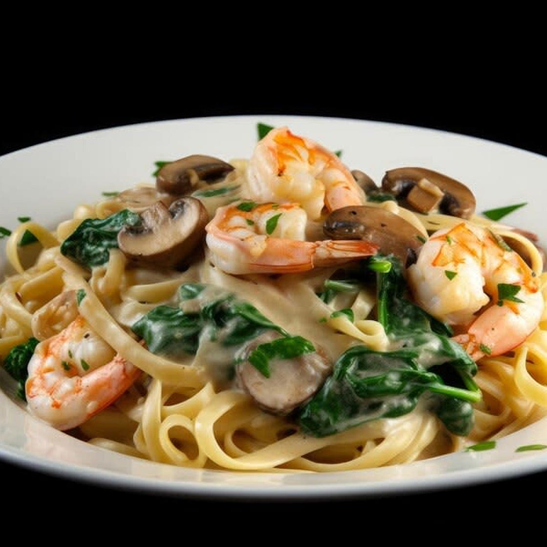Pasta Alfredo con espinaca y camarones
