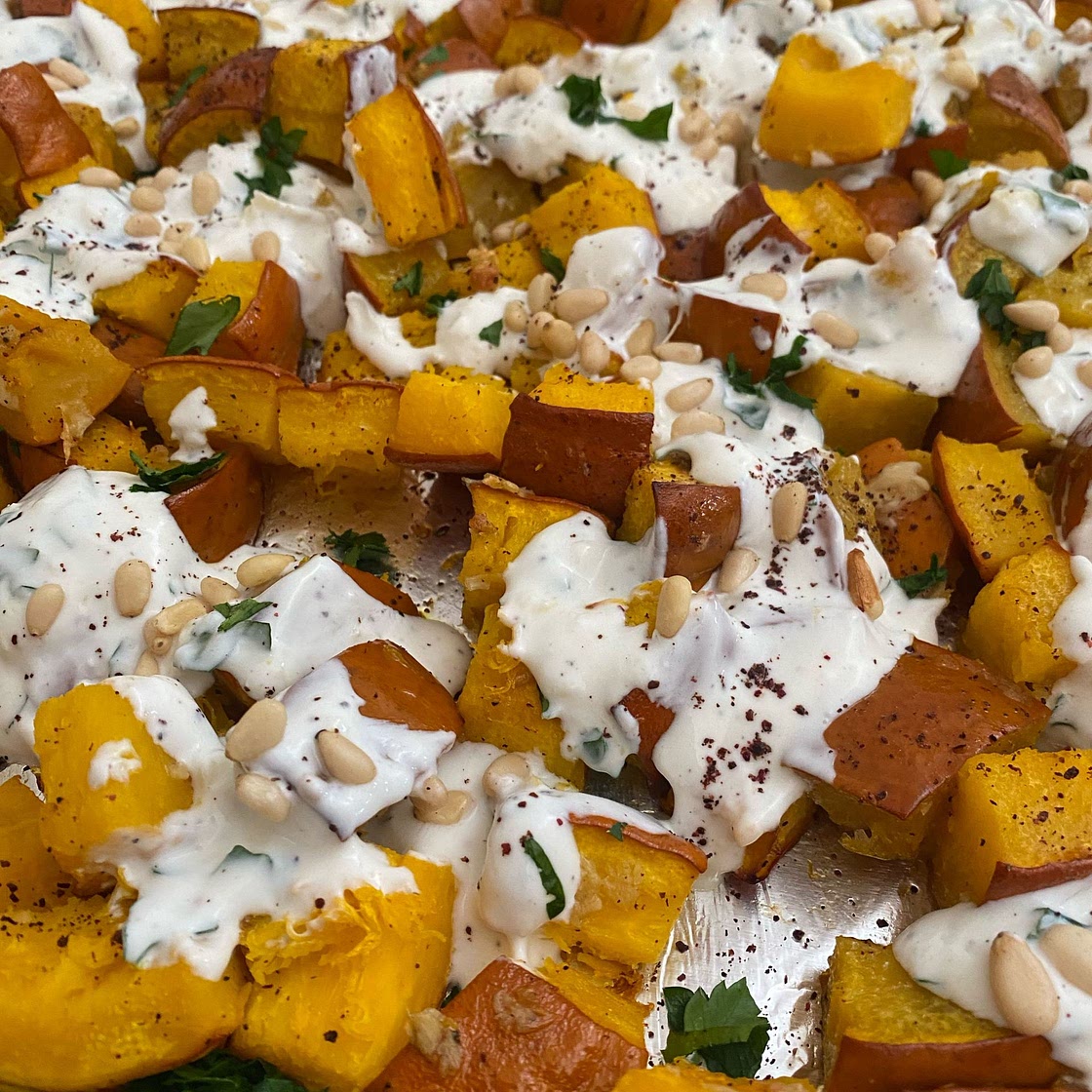 Roasted Pumpkin with Lemon Yogurt Sauce and Pine Nuts