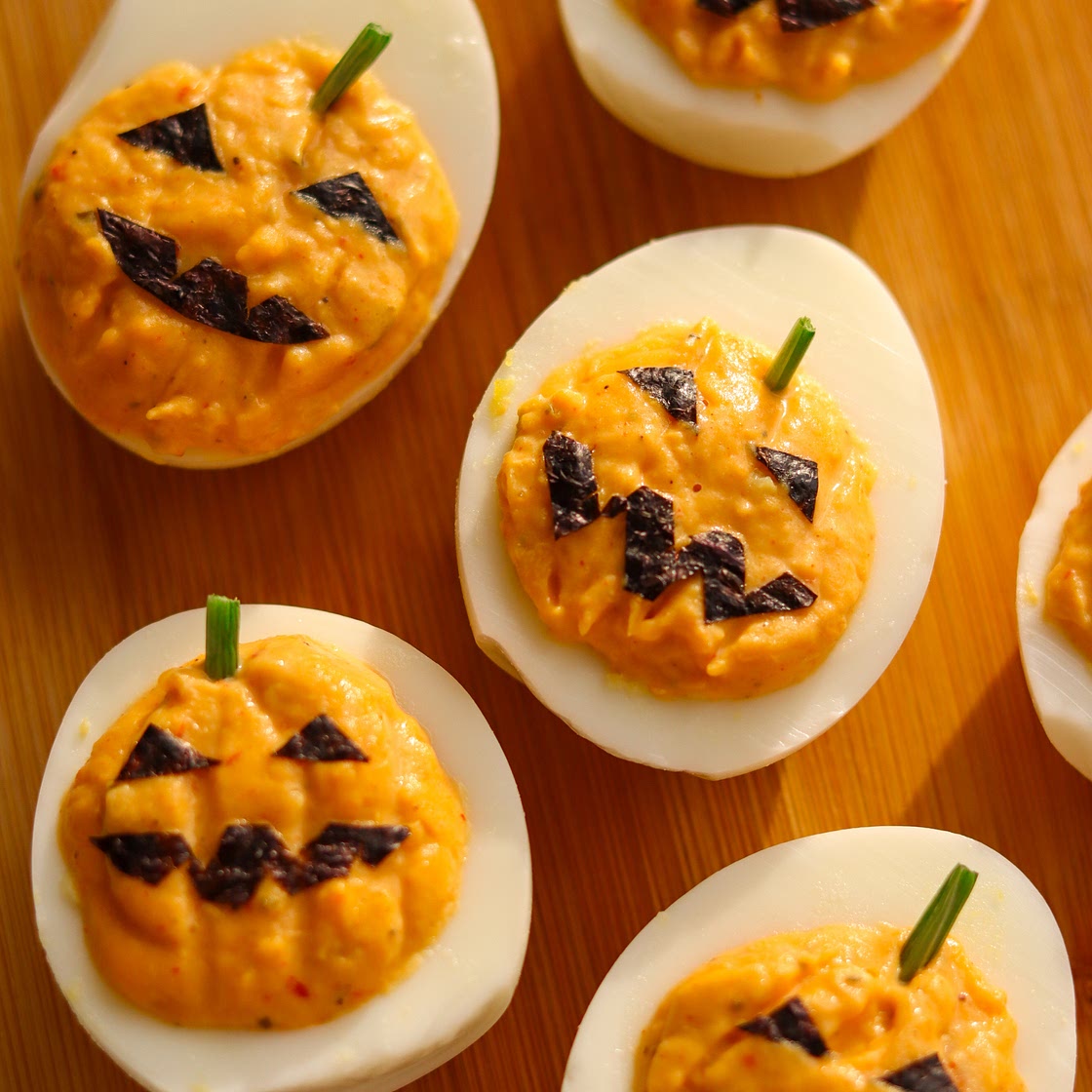 Jack-O-Lantern Kimchi Deviled Eggs