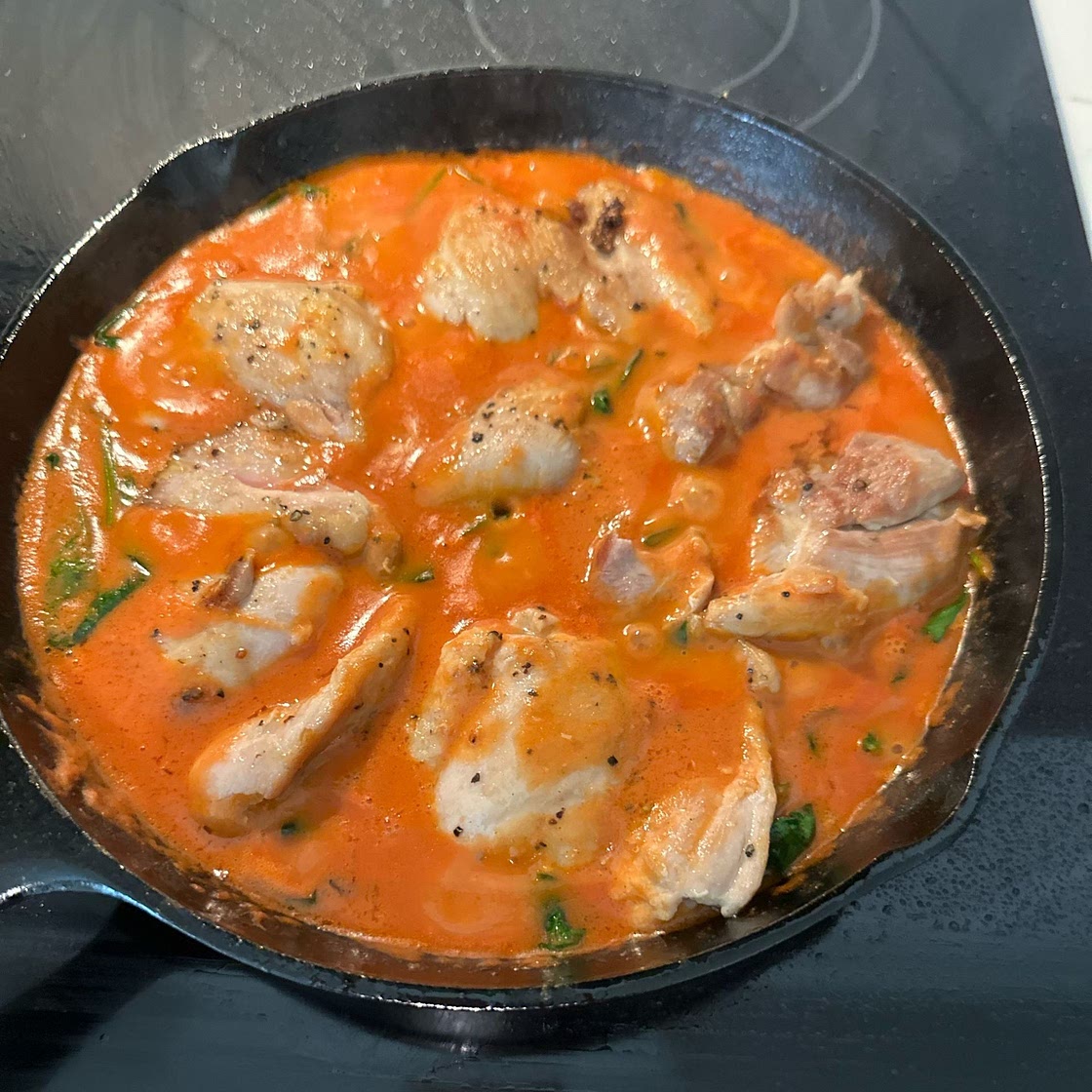 Skillet Chicken Thighs with Creamy Tomato Basil Spinach Sauce