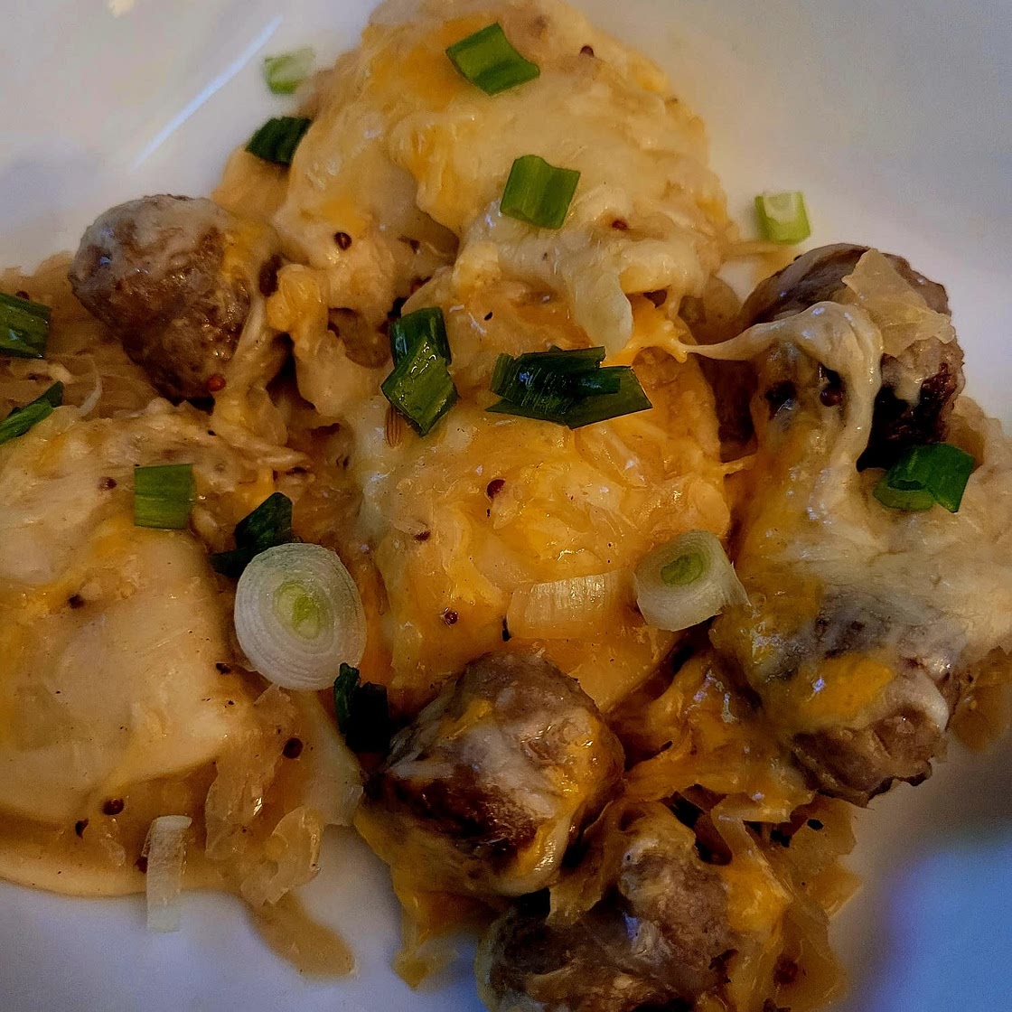 Kielbasa, Pierogies & Sauerkraut Bake - Stovetop and Oven Method