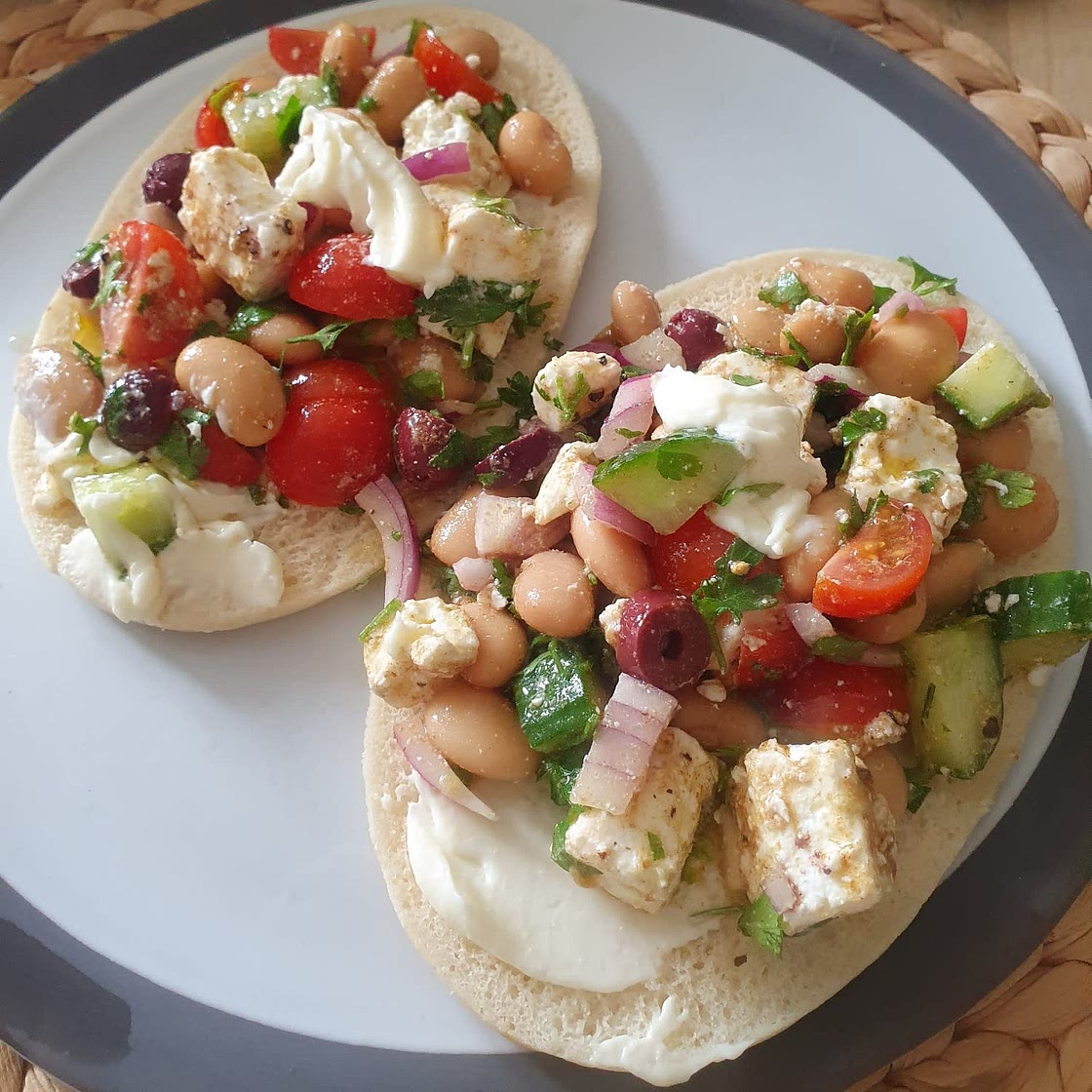 Greek salad wraps with white beans and garlic yogurt