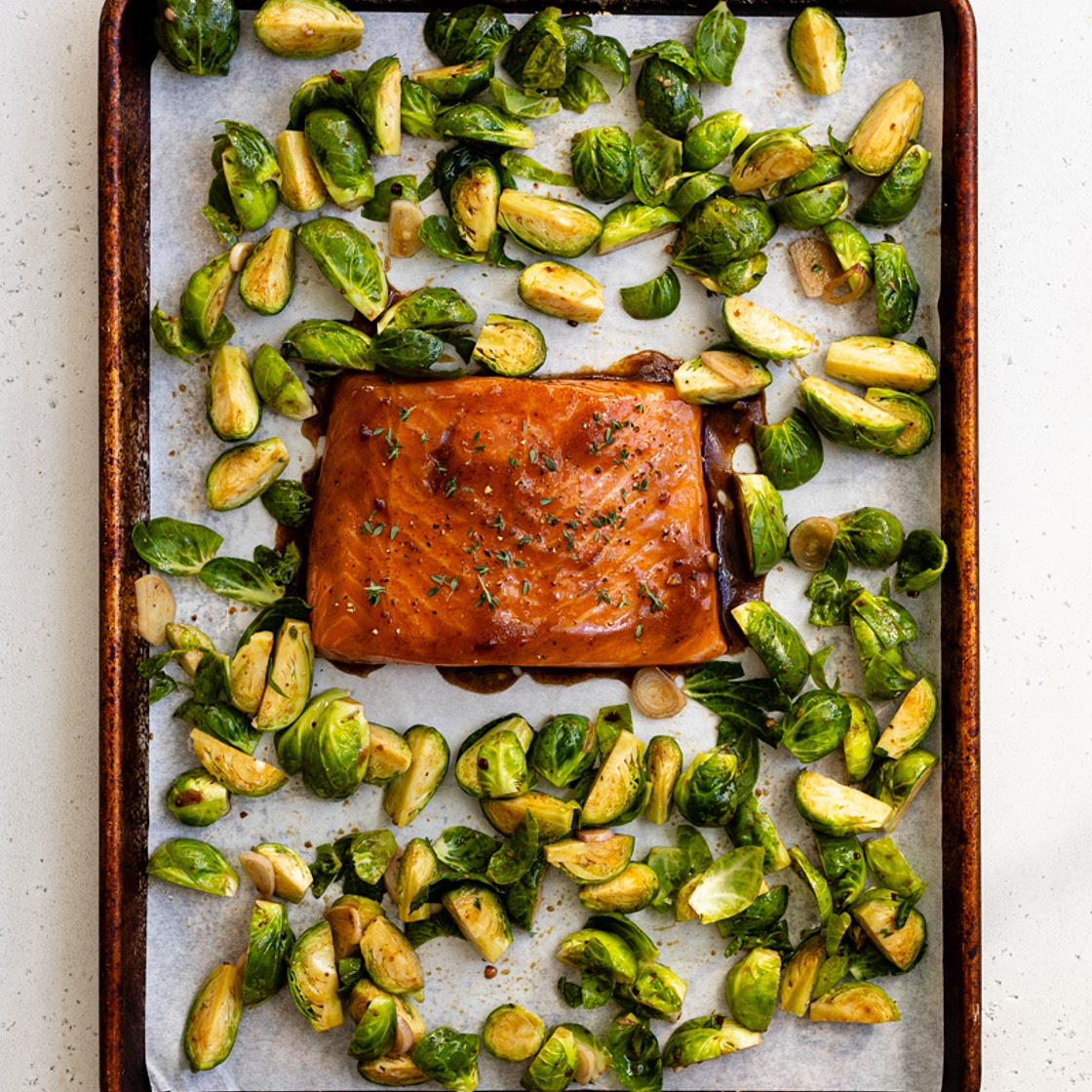 30-Minute Fig Balsamic Sheet Pan Salmon & Brussels Sprouts