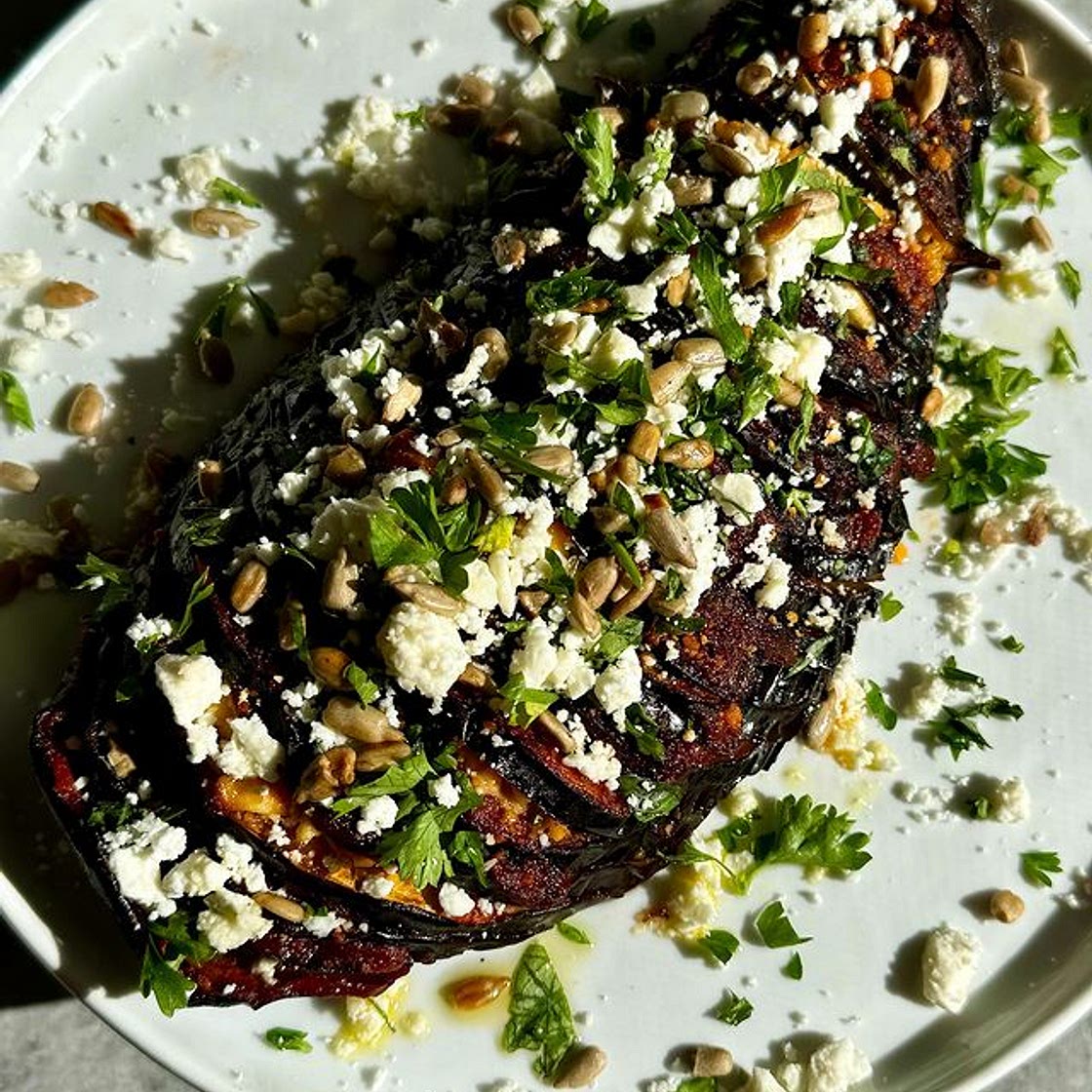 HASSELBACK TOMATO-BUTTER EGGPLANT WITH BASIL & FETA!