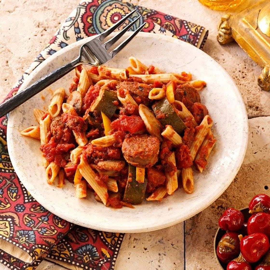 Pasta with marinara sauce and Italian sausage