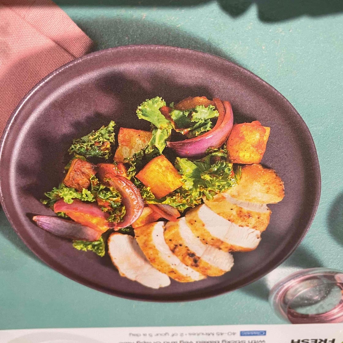 Lemon herb chicken w/sticky baked veg & crispy kale