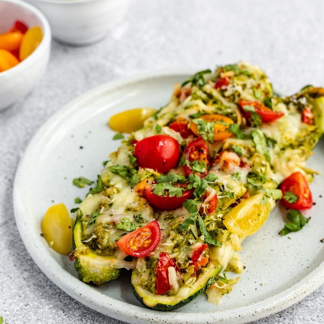 Pesto Chicken Stuffed Zucchini Boats