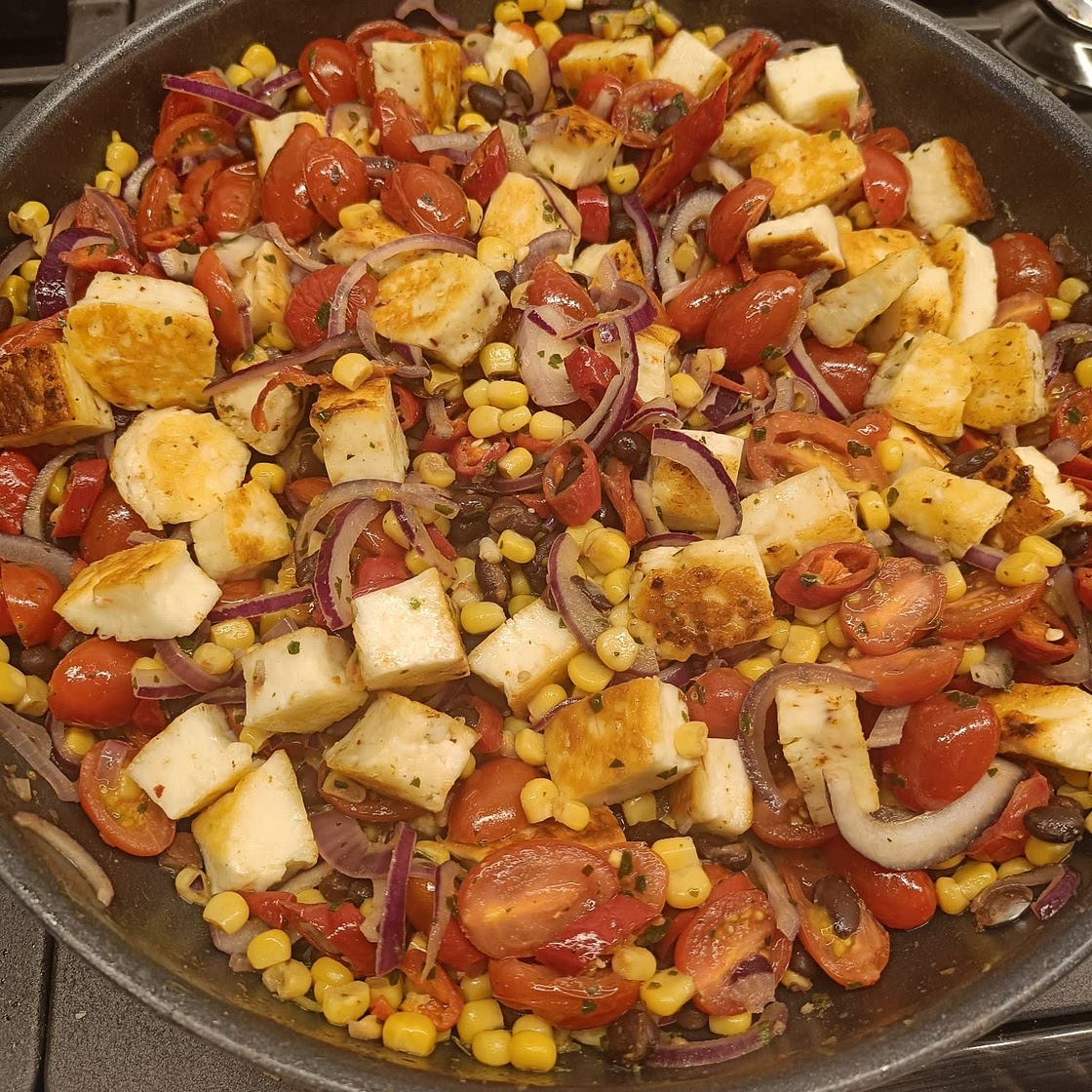 Halloumi With Corn, Cherry Tomatoes and Basil