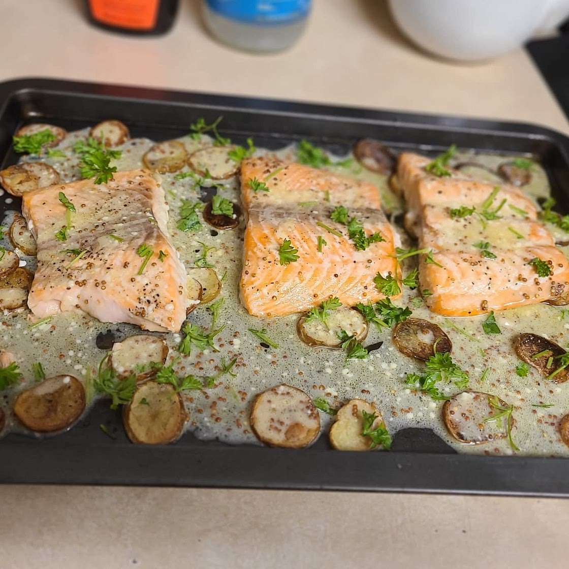Bobby Flay's Sheet Pan Salmon with Roasted Potatoes and Creamy Meyer Lemon Dressing
