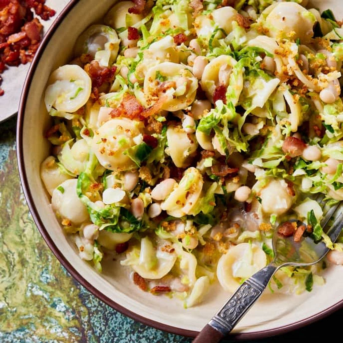 Orecchiette and Navy Beans with Brussels Sprouts and Spicy Bread Crumbs