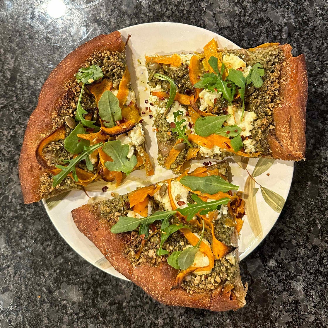 Butternut Ribbon Goat Cheese Pizza with Arugula-Pepita Pesto