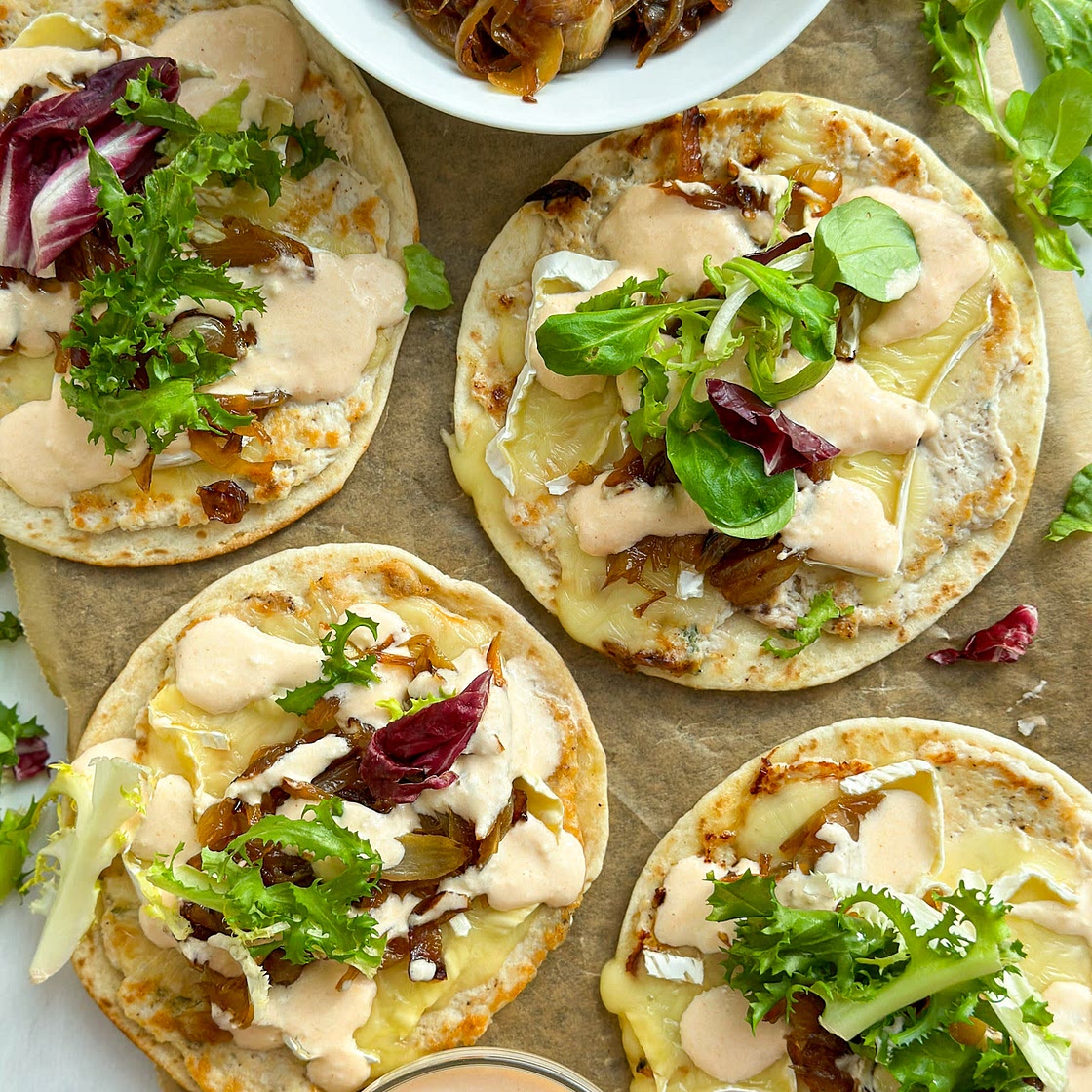 Caramelised onions and Brie Tacos
