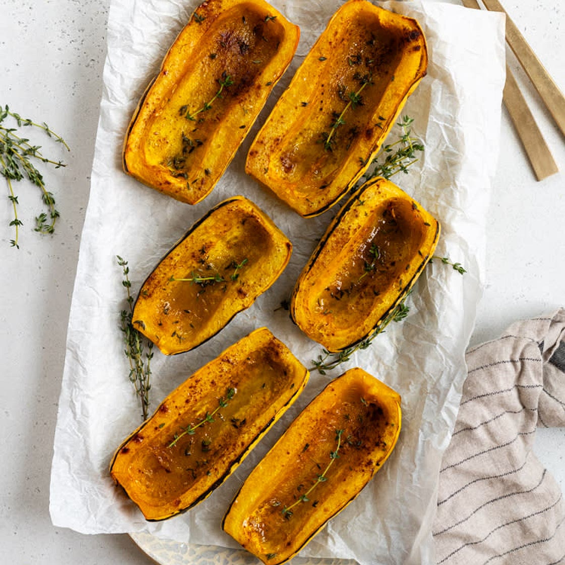 Simple Roasted Delicata Squash Halves with Maple & Thyme