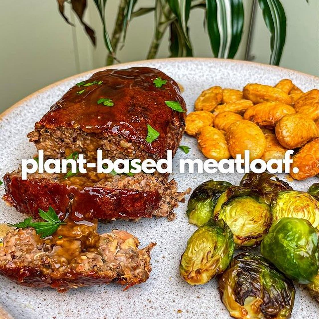  Plant-based meatloaf with crispy butter beans and roasted bruss