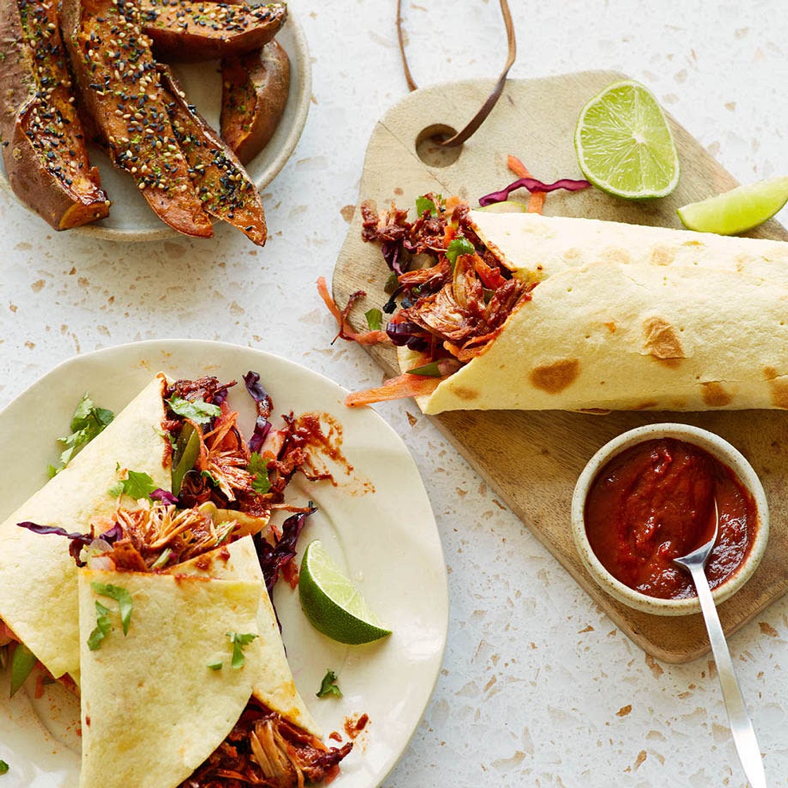 Korean-style pulled jackfruit wraps and slaw