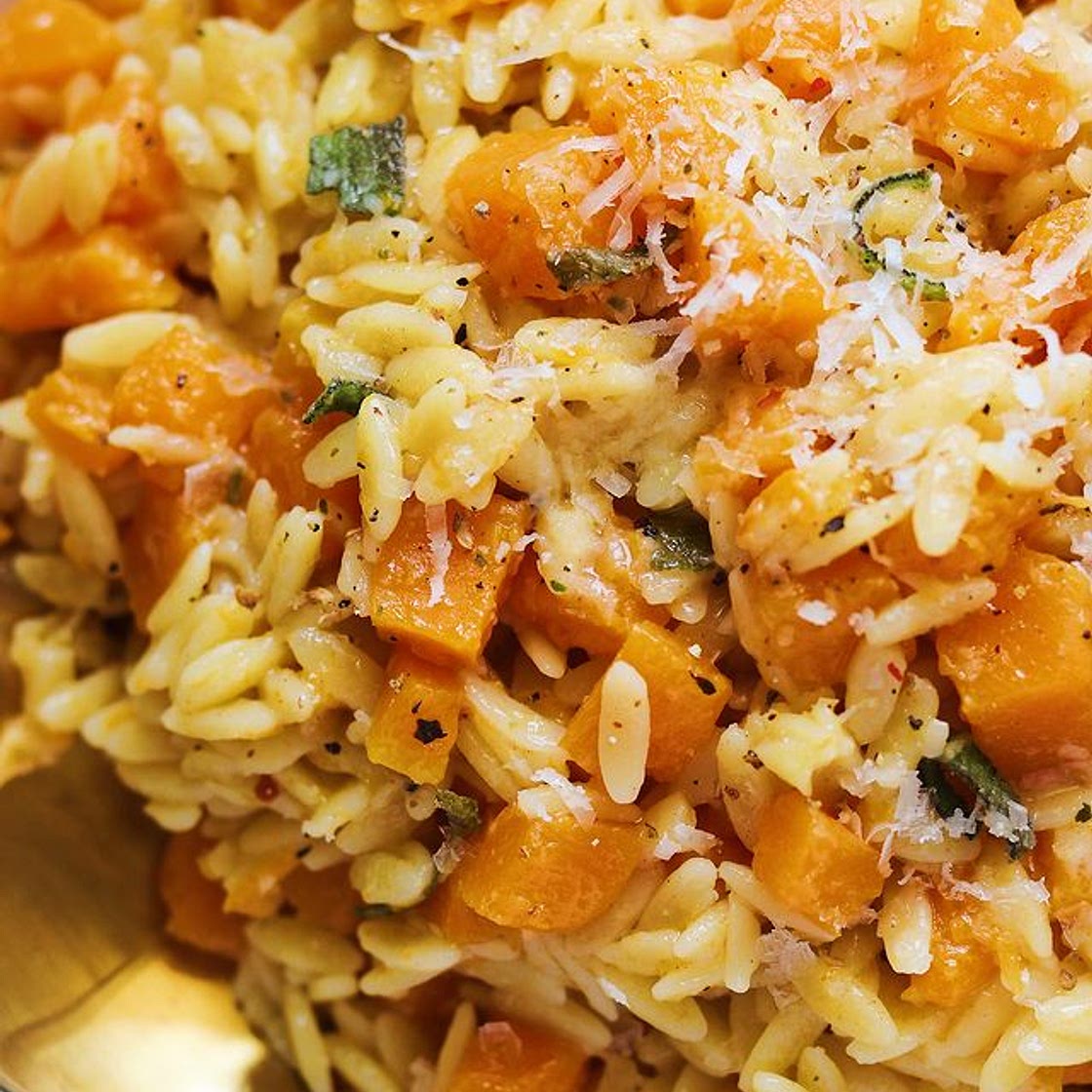 CHEESY BROWN BUTTER ORZO WITH BUTTERNUT SQUASH AND SAGE! details