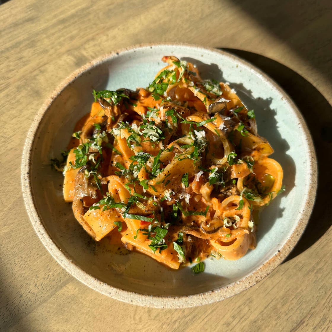 Calamarata with Mushrooms and Bacon (boscaiola)