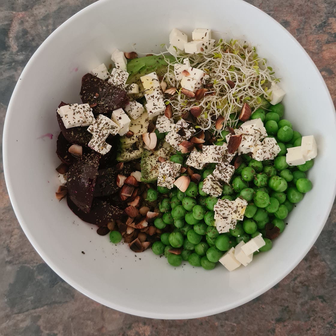 Beetroot, avocado and pea lentil bowl