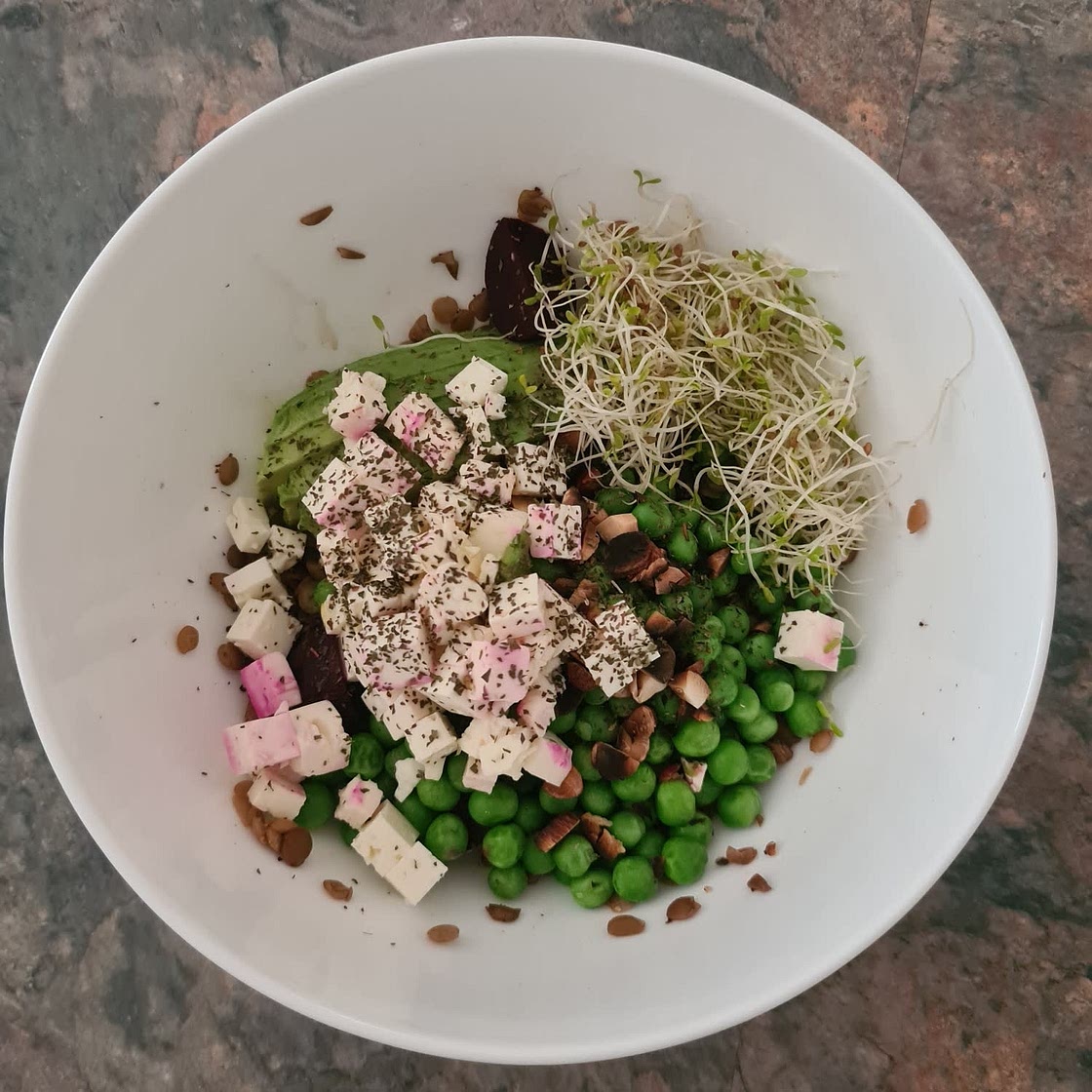 Beetroot, avocado and pea lentil bowl