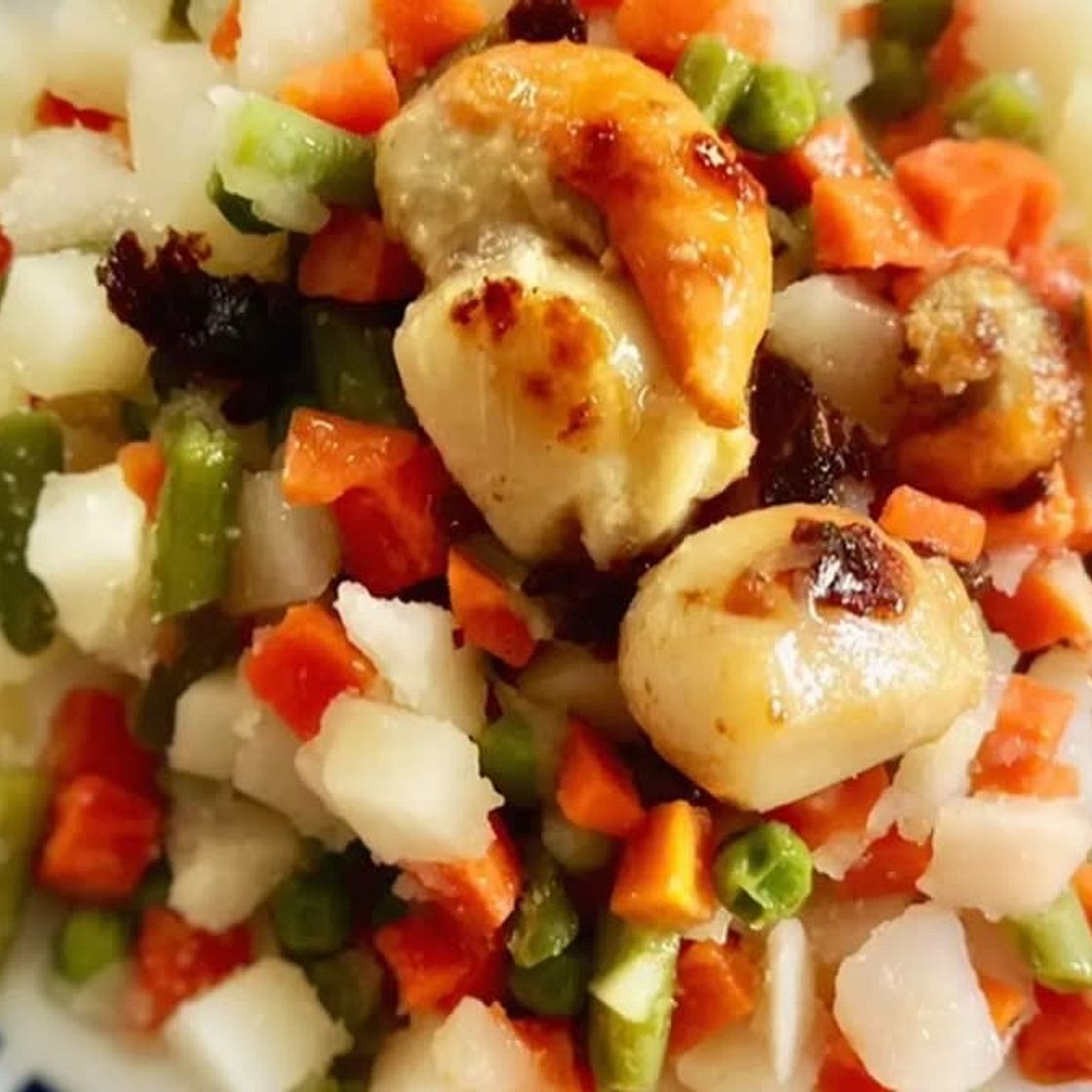 Vieira salteada con verduras de invierno