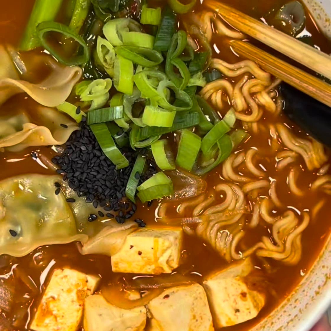 KIMCHI AND DUMPLING NOODLE SOUP