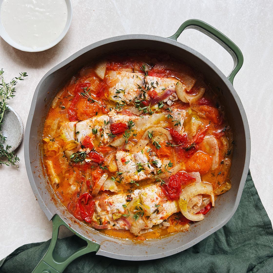 Fennel and Tomato Braised Fish with Creamy Tahini