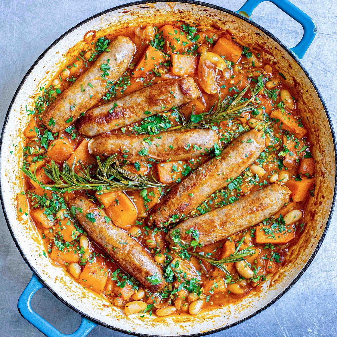 Saucy Sausage, Sweet Potato & Beans