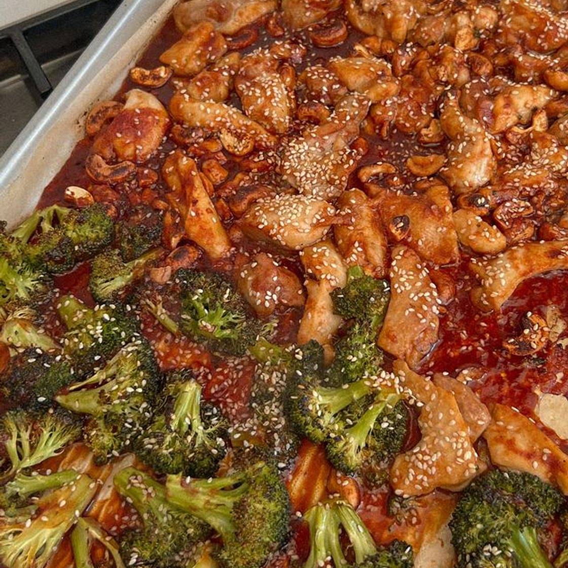 Orange cashew chicken sheet pan meal
