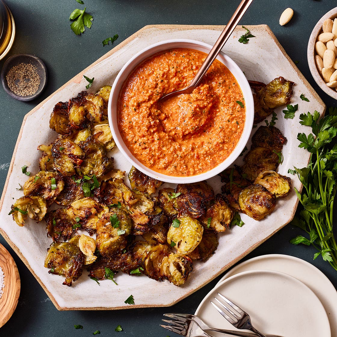 The Best Smashed Brussels Sprouts with Romesco Dipping Sauce