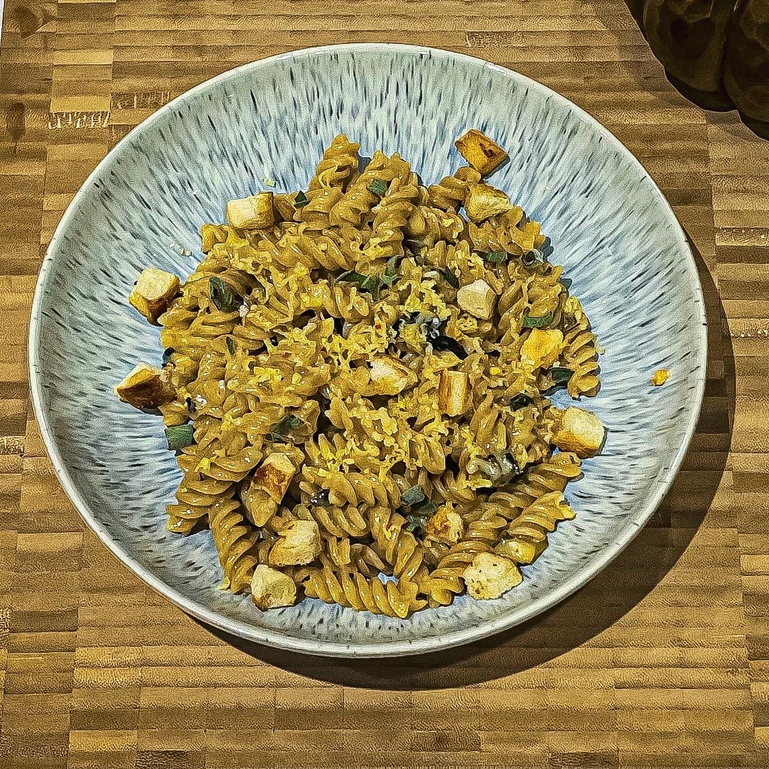 Spicy brown butter pasta with lemon thyme croutons