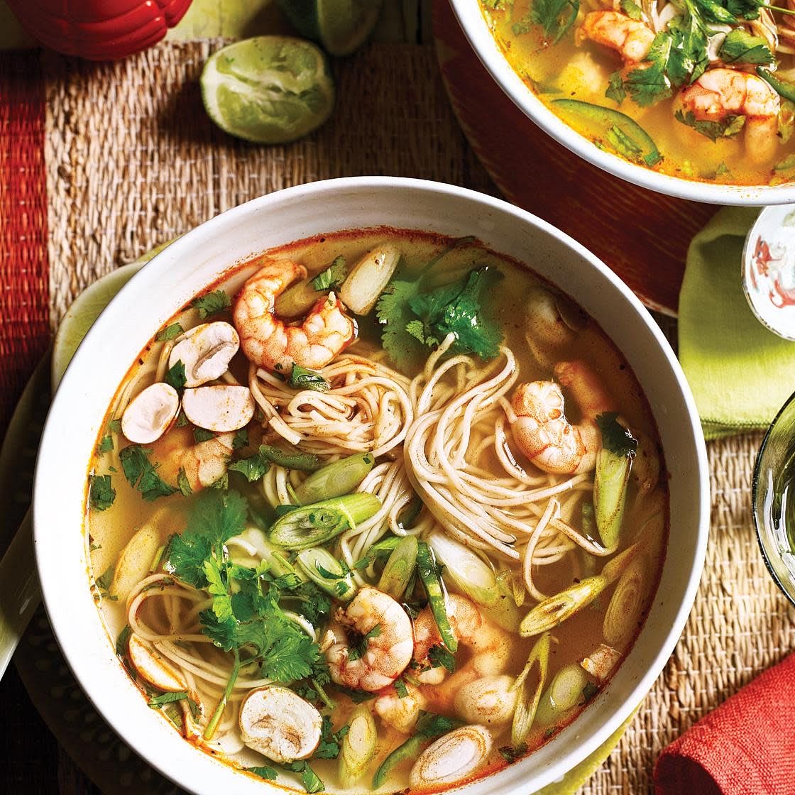 Vietnamese style noodle soup with prawns and vegetable