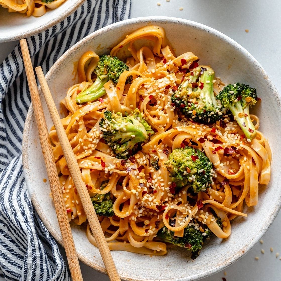 Crispy Broccoli Sweet and Spicy Sesame Tahini Noodles