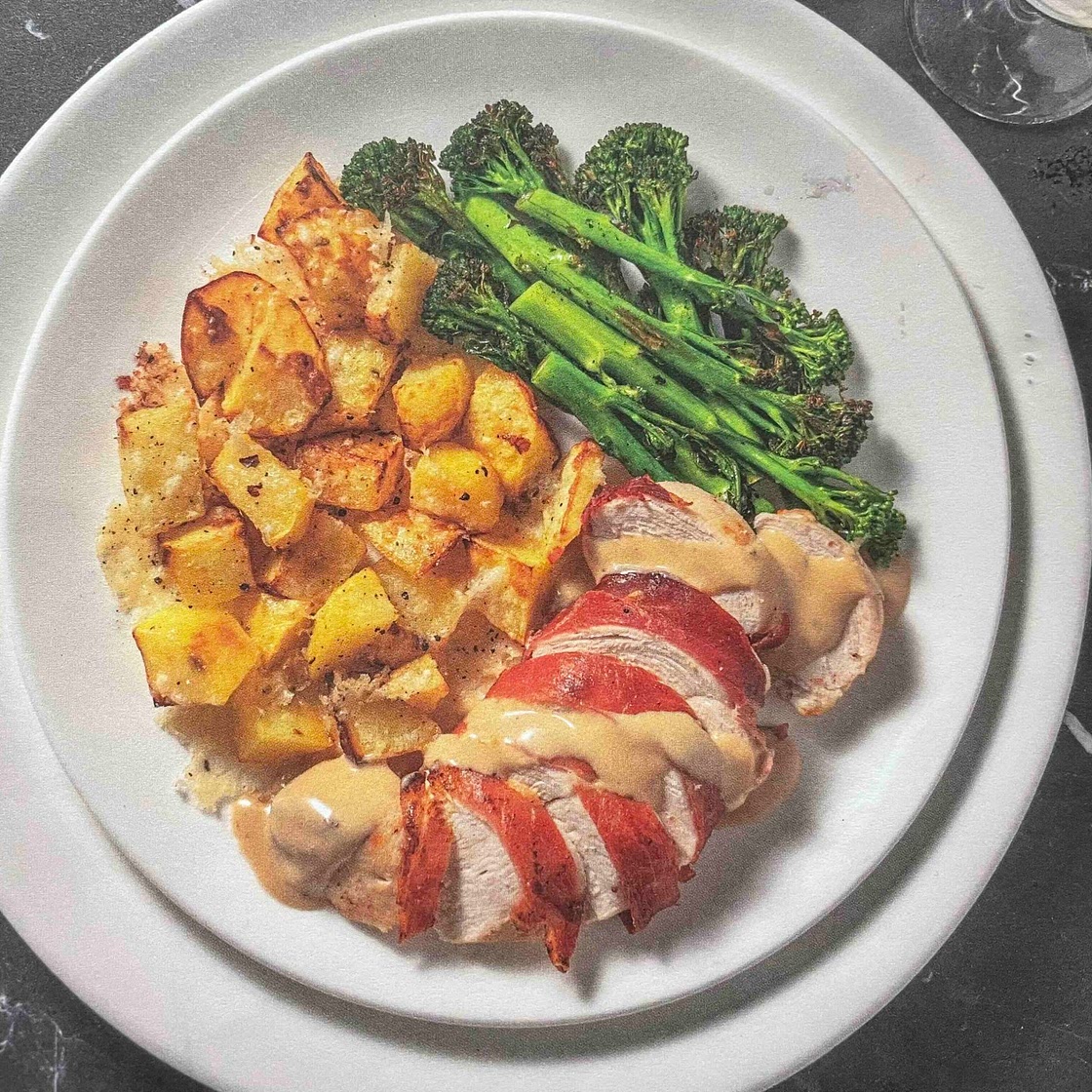 Ham wrapped chicken w/ cheesy truffled potatoes 
