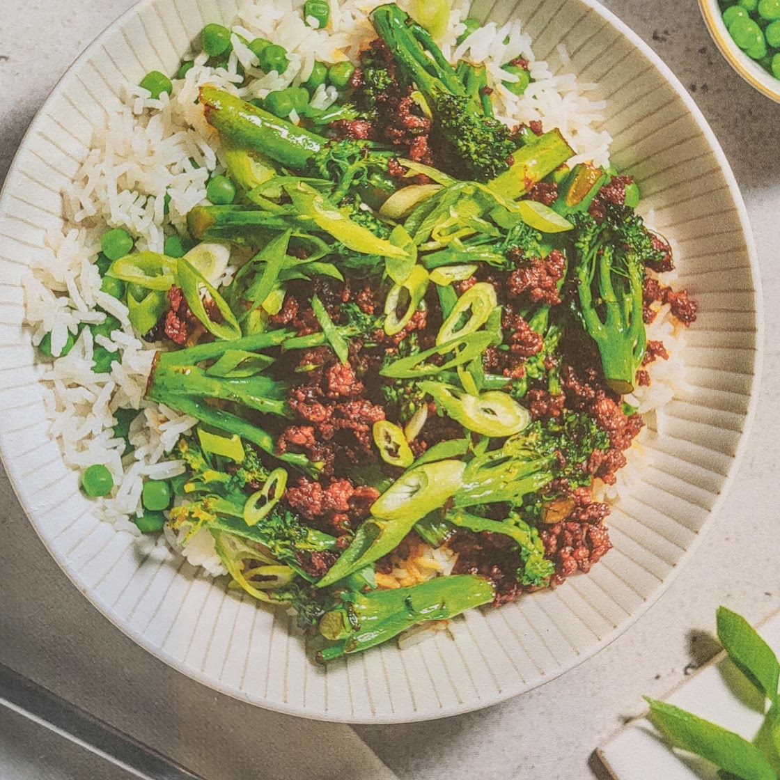 Ginger Beef Stir-fry and Garlic Rice with Peas and Tenderstem Broccoli